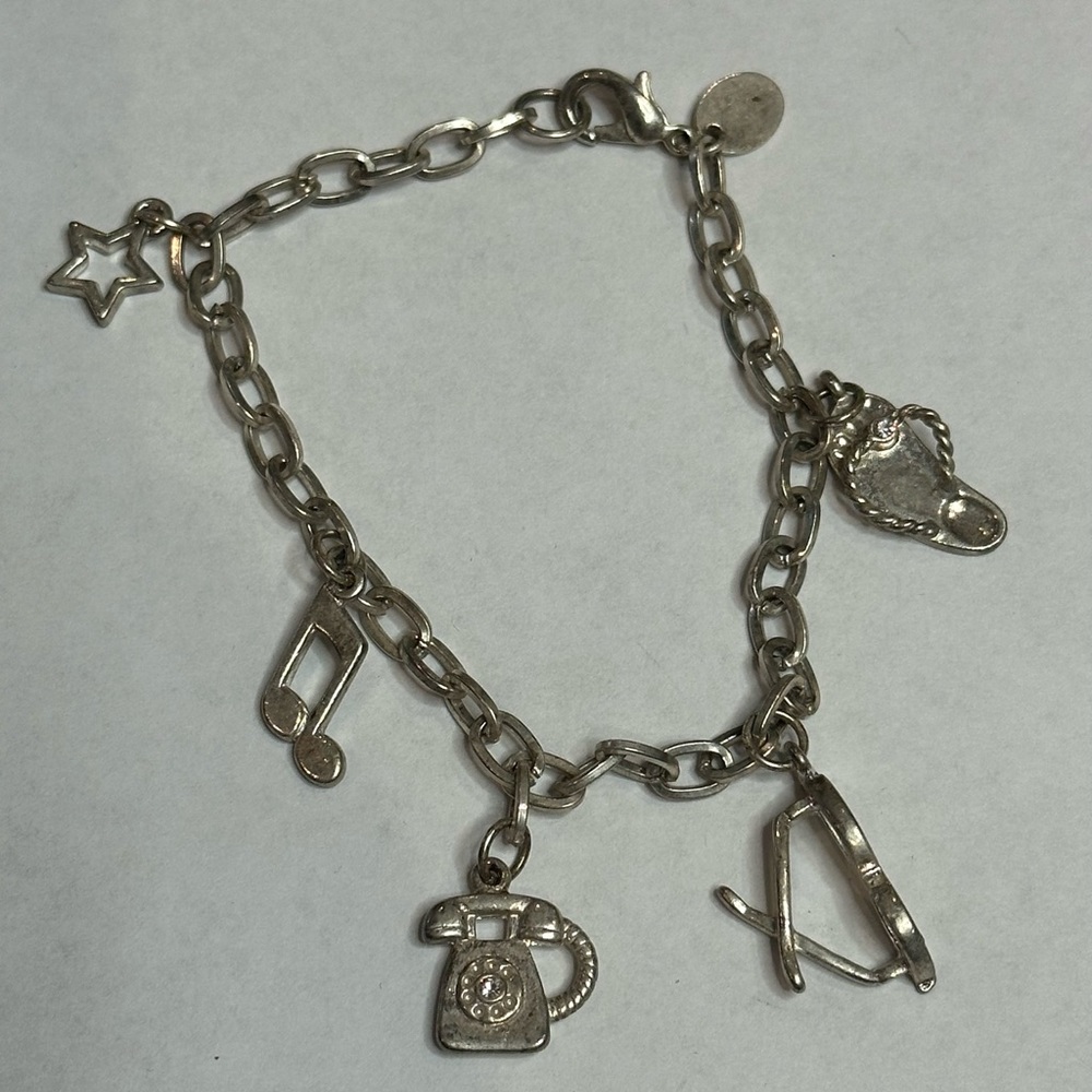 Vintage Claire’s Silver Charm Bracelet Flip Flop Sunglasses Phone Star Music